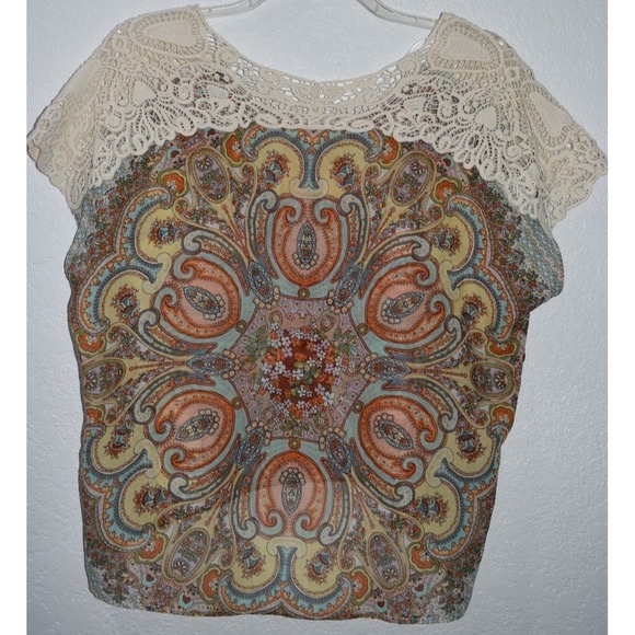 One World Sleeveless Top Large Crochet Shoulders High-Low Hem Sheer Boho Hippie - Picture 16 of 16